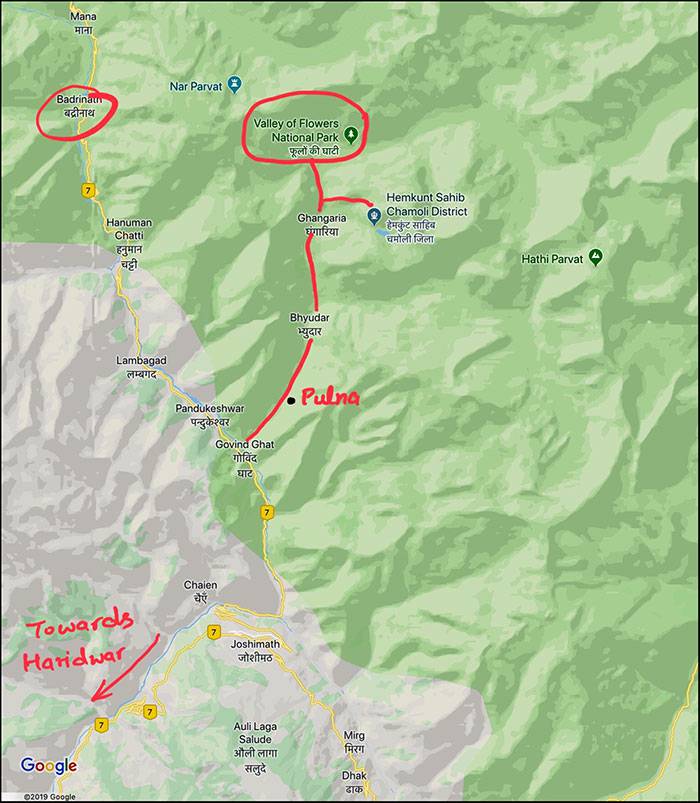 Route map of Valley of Flowers
