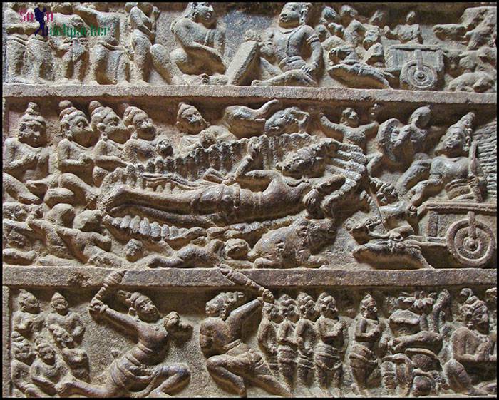 Pillar Reliefs: Scenes from Mahabharata. The middle panel shows Bhishma on a bed of arrows