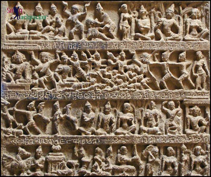 Pillar Details: Scenes from Ramayana with inscriptions between the rows